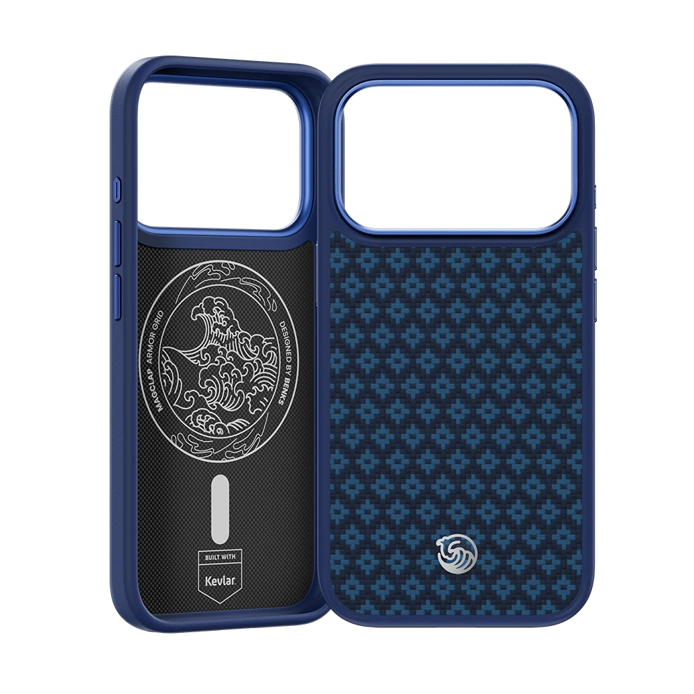 Усиленный чехол Benks ArmorGrid Pro Kevlar® для iPhone 18 Pro Max Beyond Blue — внешний и боковой вид